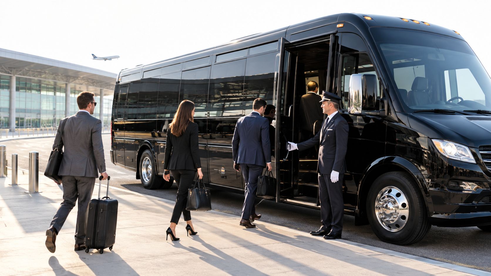 A professional chauffeur welcomes business travelers boarding a luxury black shuttle bus at an airport terminal.