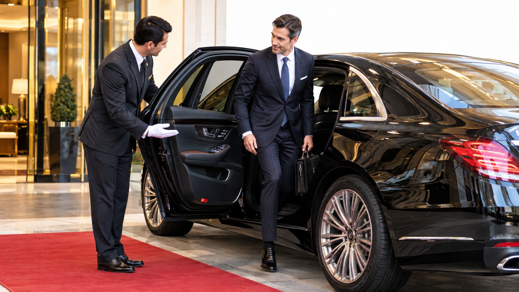 A professional chauffeur in a uniform opens the car door for a businessman stepping out of a limousine.