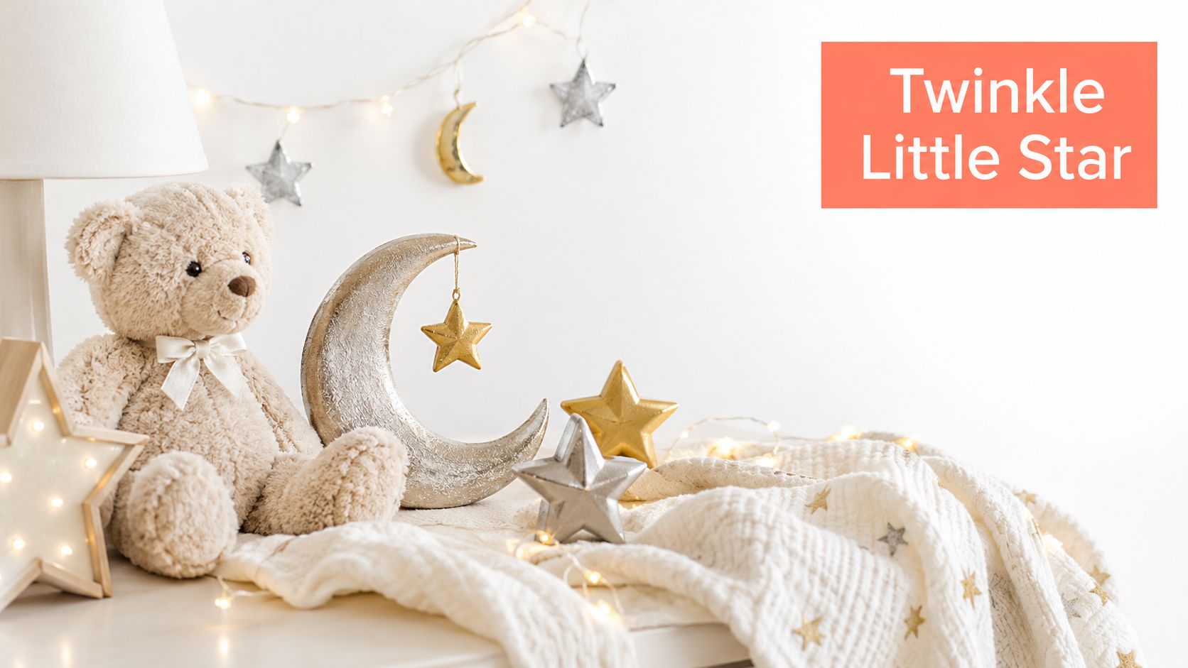 A cozy nursery setting with a plush teddy bear, decorative crescent moons, and stars on a white blanket.