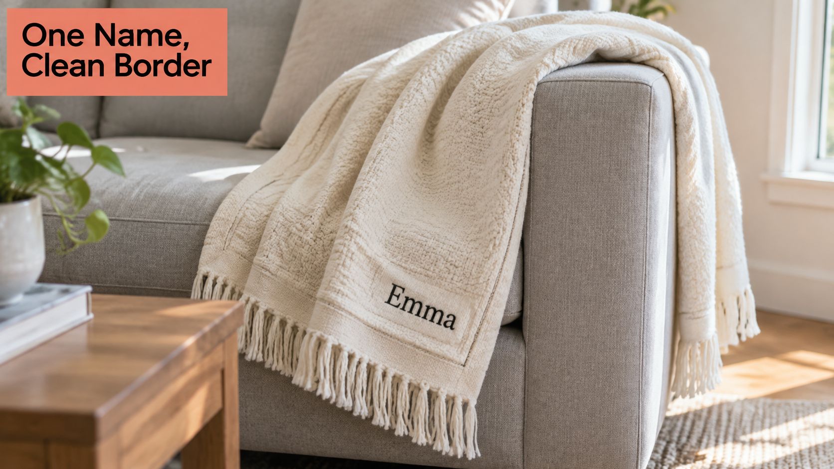 A cream-colored textured throw blanket with the name Emma embroidered on it, draped over a grey sofa.