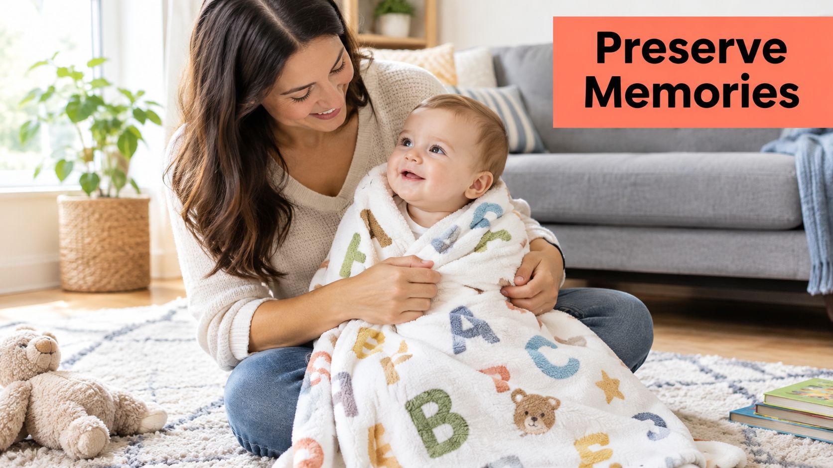 A happy mother holding her smiling baby wrapped in a soft, white personalized alphabet fleece blanket.