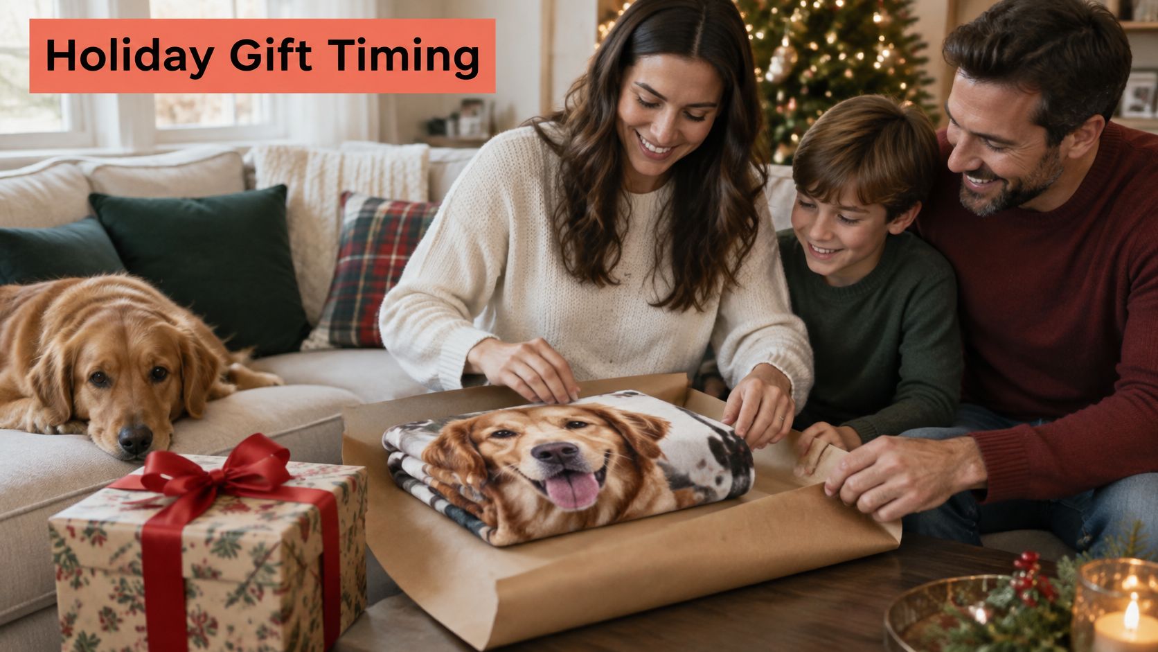 A family wrapping a personalized photo blanket featuring their golden retriever dog during the holidays.