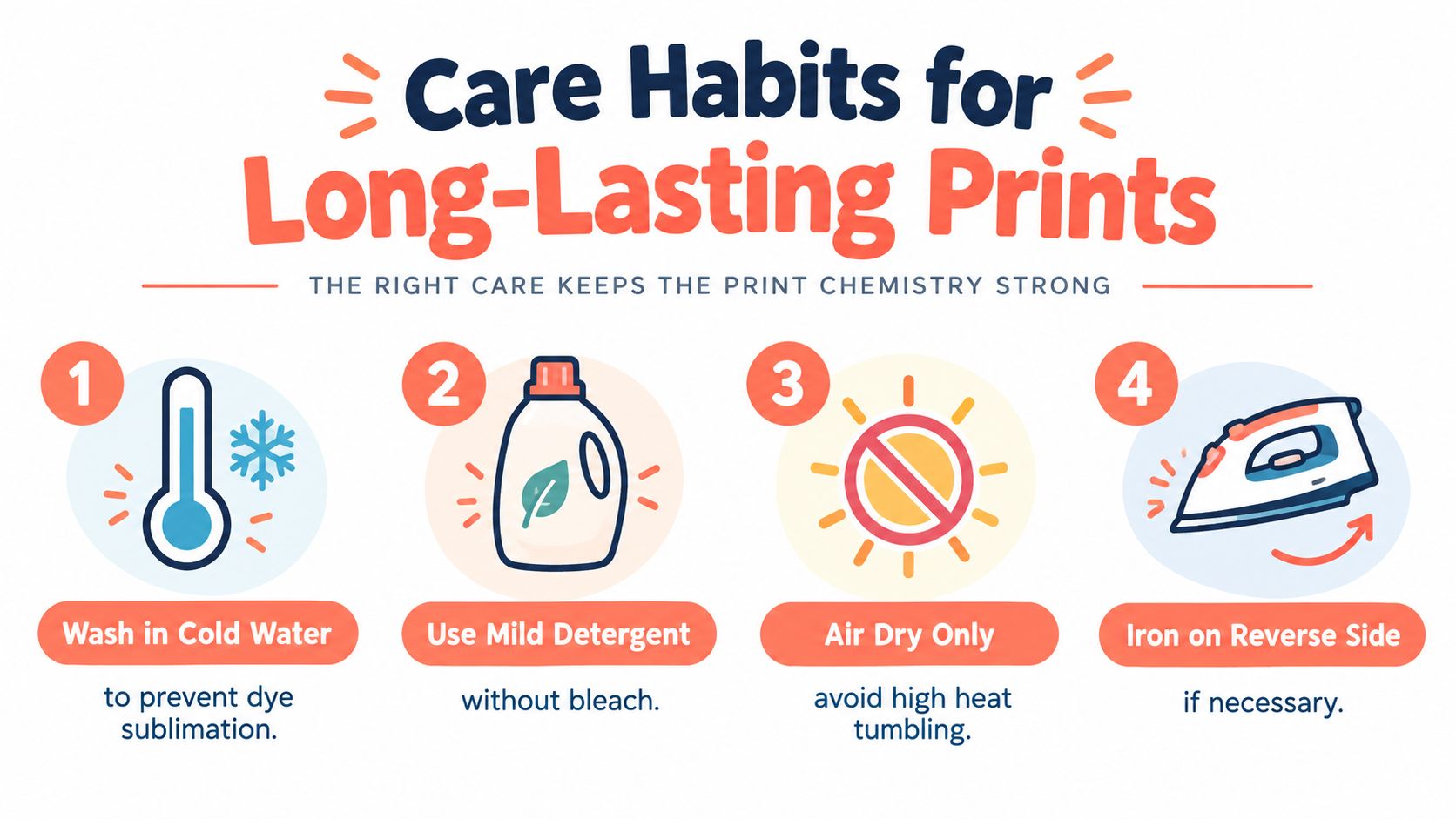 A helpful infographic showing four essential care habits for keeping printed fabrics in good, long-lasting condition.