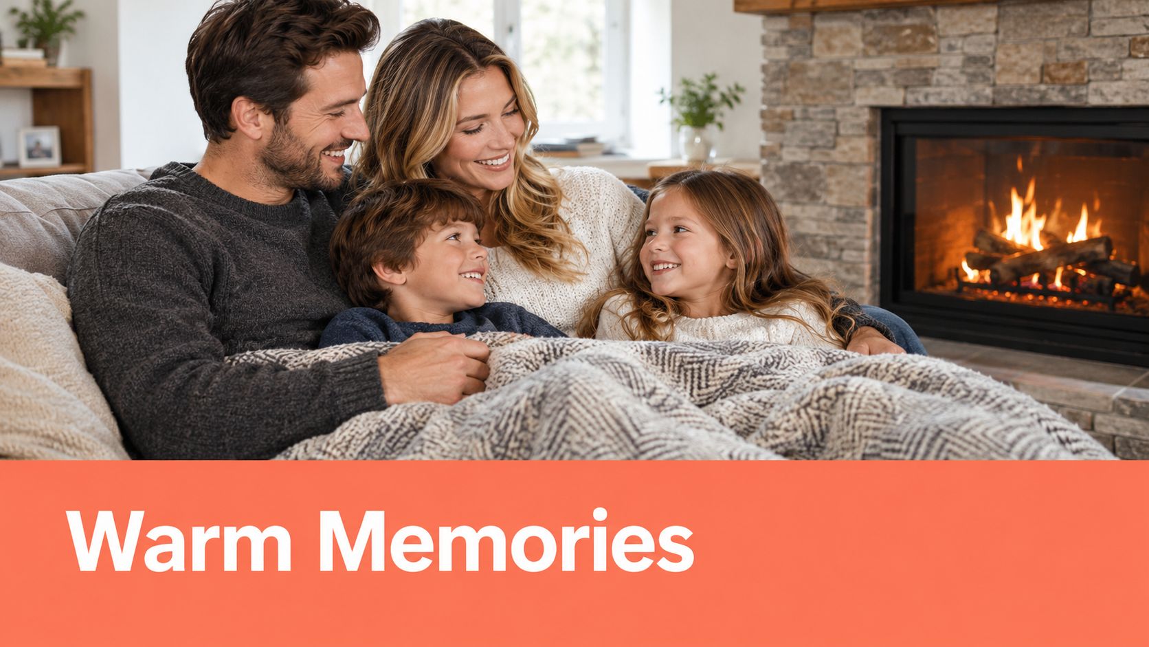 A happy family sitting together on a comfortable sofa in front of a cozy burning fireplace.