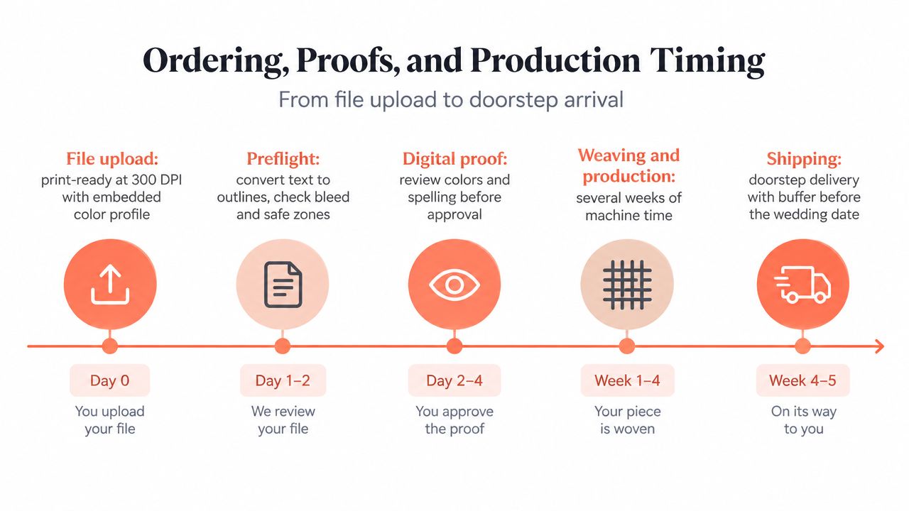 A timeline graphic illustrating the five-step process of ordering, proofing, and producing personalized wedding favor blankets.