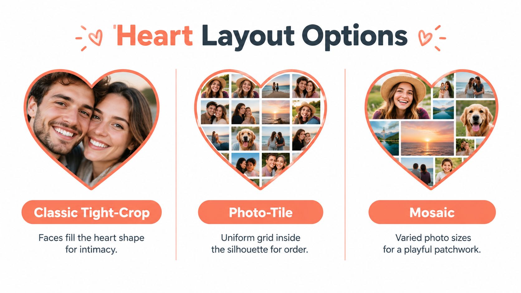Three different heart-shaped photo layout options including Classic Tight-Crop, Photo-Tile, and Mosaic styles for customized gifts.