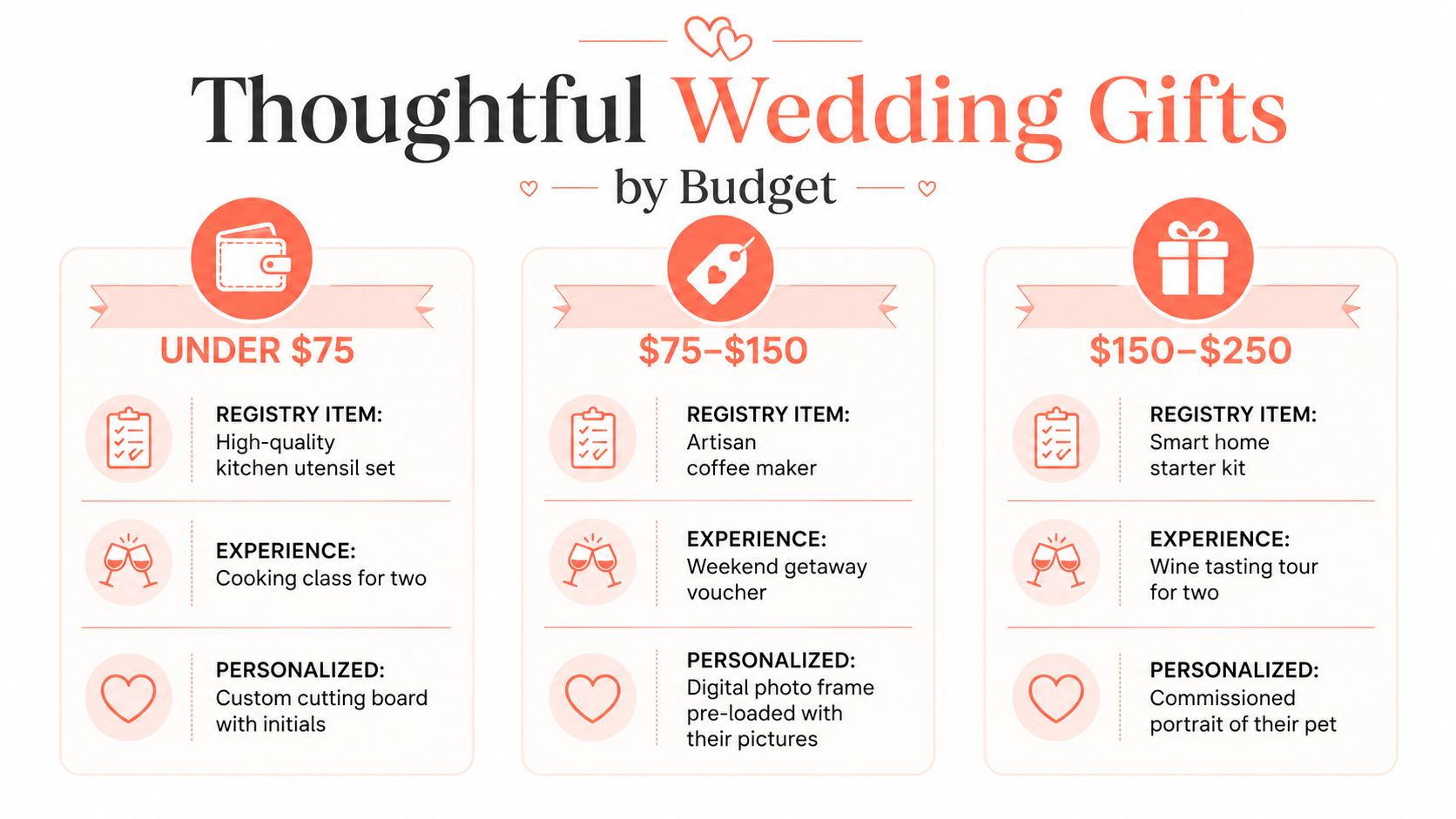 A wedding gift guide infographic categorized by budget brackets under $75, $75 to $150, and $150 to $250.