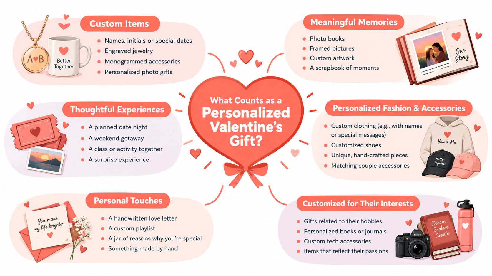 A colorful infographic illustrating creative gift ideas for Valentine's Day, categorized by personalized themes and categories.
