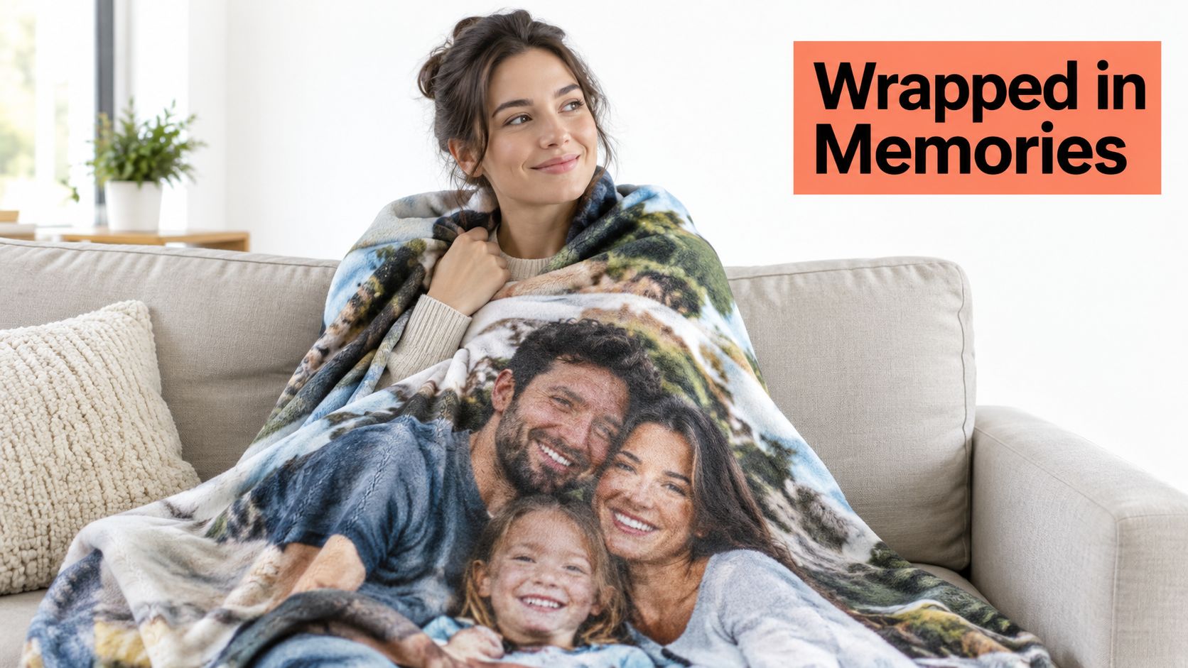 A smiling woman sits on a couch, wrapped in a personalized fleece blanket featuring a family photo.
