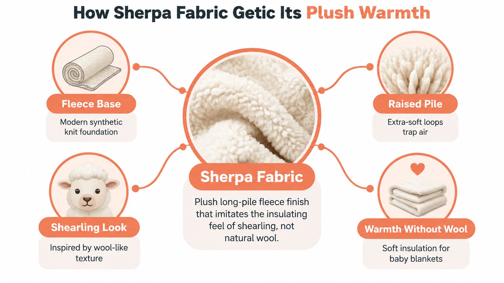 A diagram explaining how Sherpa fabric is made, featuring fleece base, raised pile, and its insulating qualities.