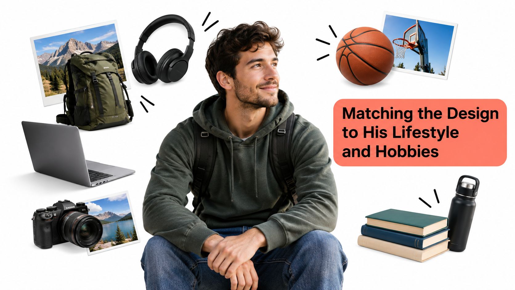 A young man sitting surrounded by icons representing lifestyle interests like travel, sports, photography, and study.