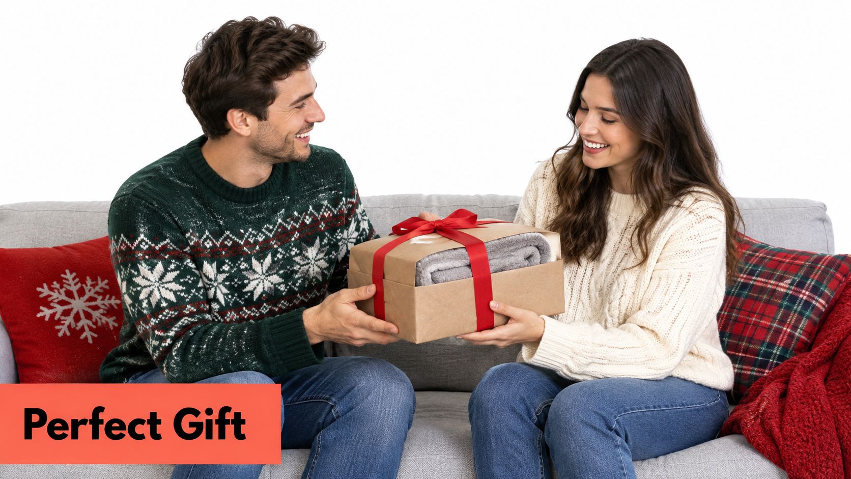 A happy couple sitting on a couch sharing a wrapped gift box during the holiday season.