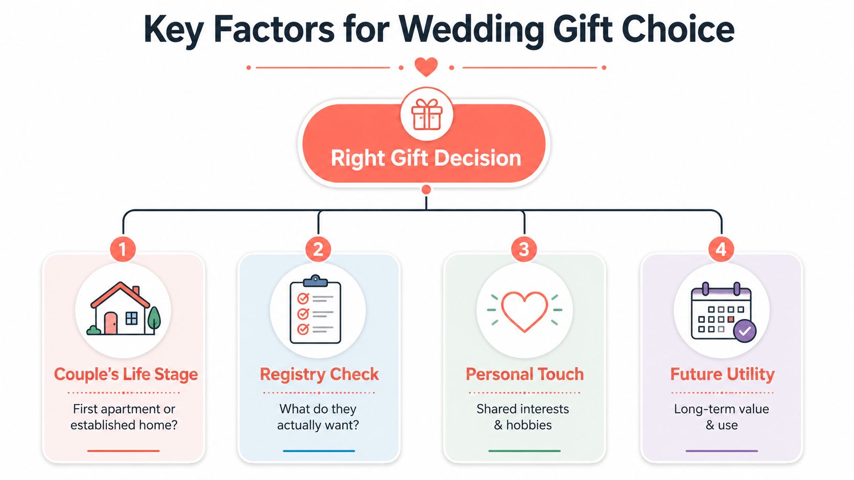 An infographic titled Key Factors for Wedding Gift Choice, outlining four steps to picking the right gift.