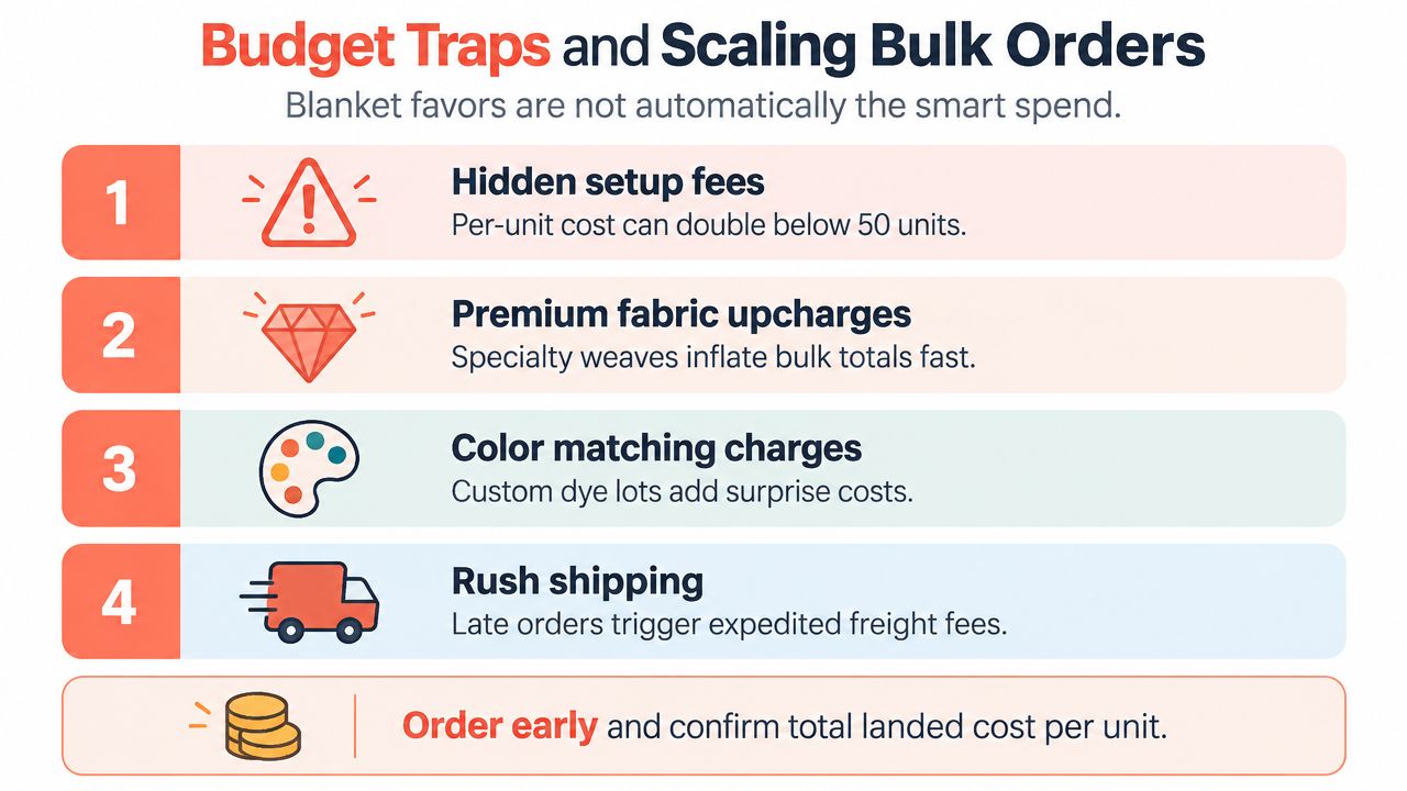 A list graphic identifying common budget traps when ordering personalized blankets for large event favors.