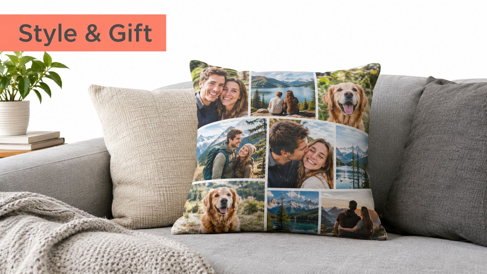 A custom photo collage throw pillow featuring various pictures of a couple and a golden retriever dog.