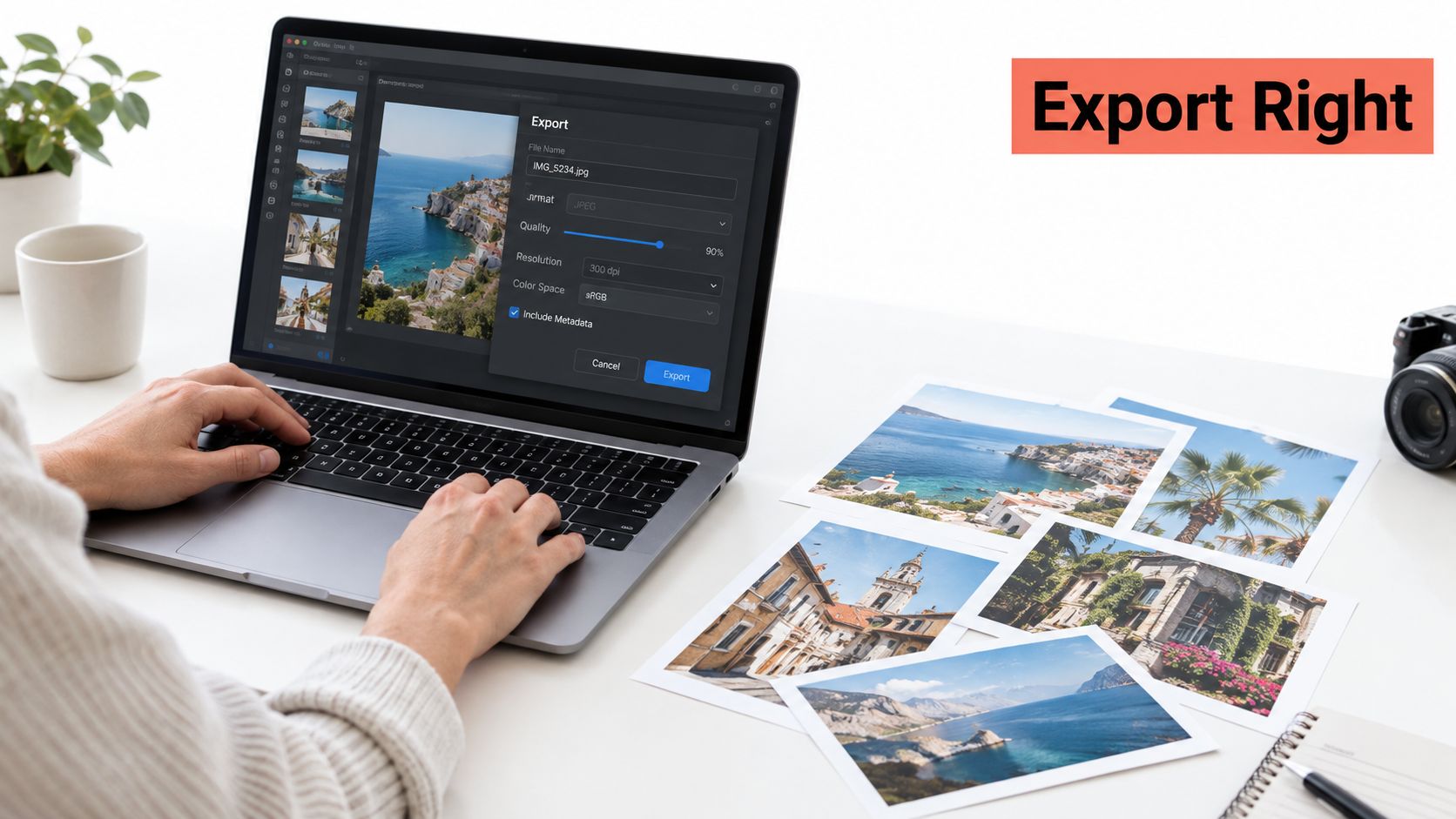A person editing and exporting a heart photo collage on a laptop with printed photos nearby.