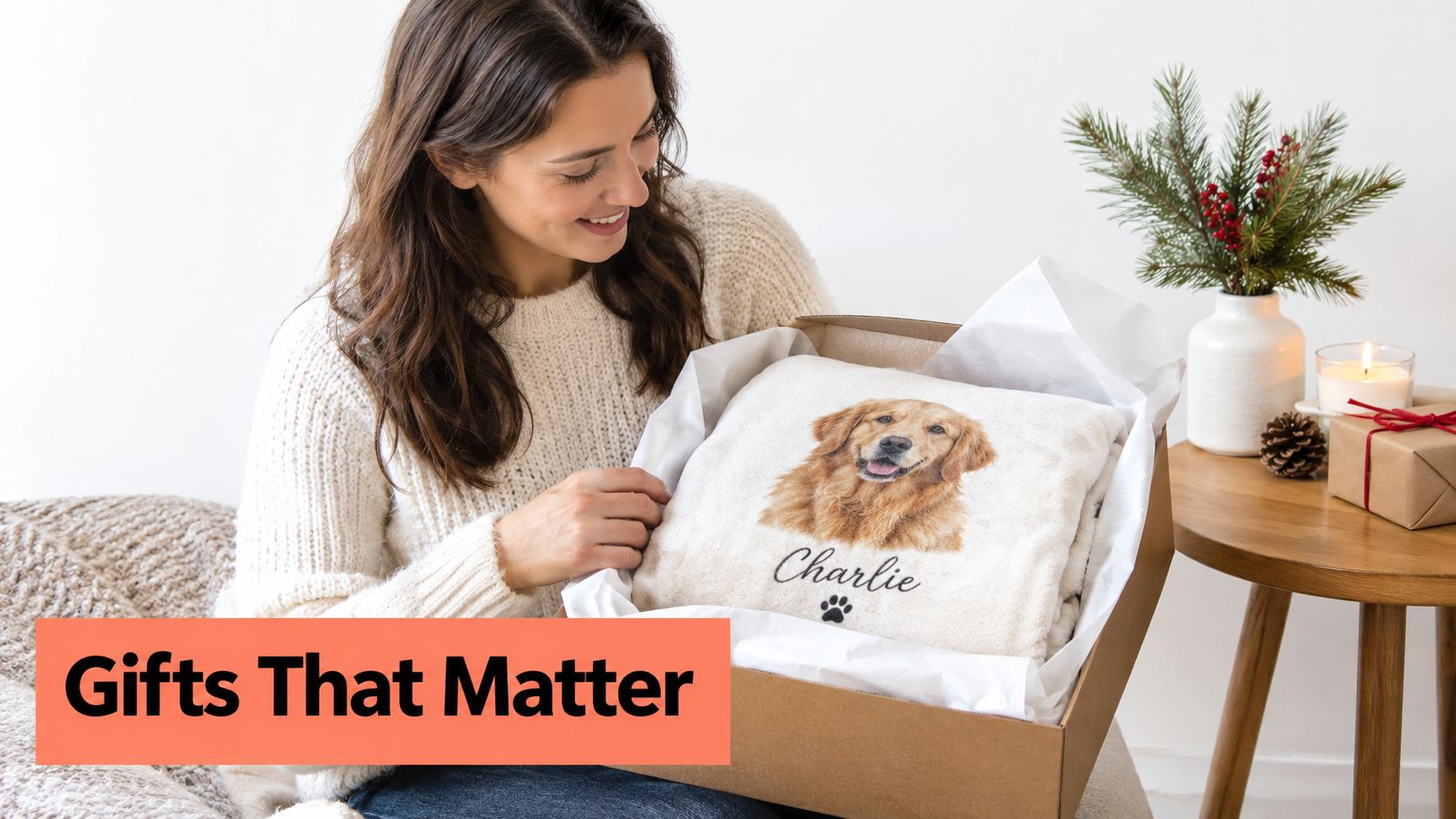 A woman happily opening a gift box containing a personalized fleece blanket with a dog portrait.