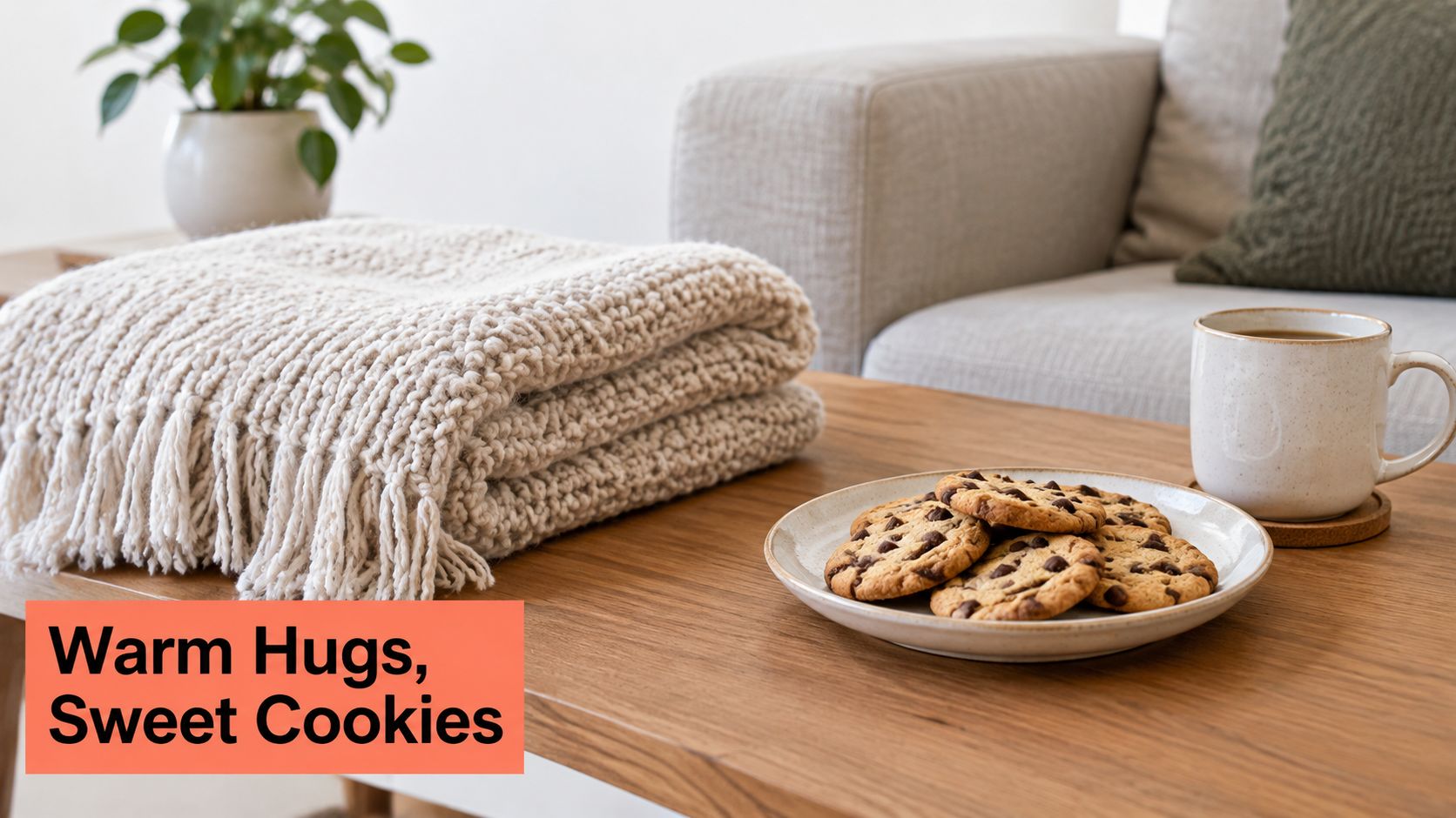 A cozy scene featuring a knitted blanket, a mug of coffee, and a plate of chocolate chip cookies.