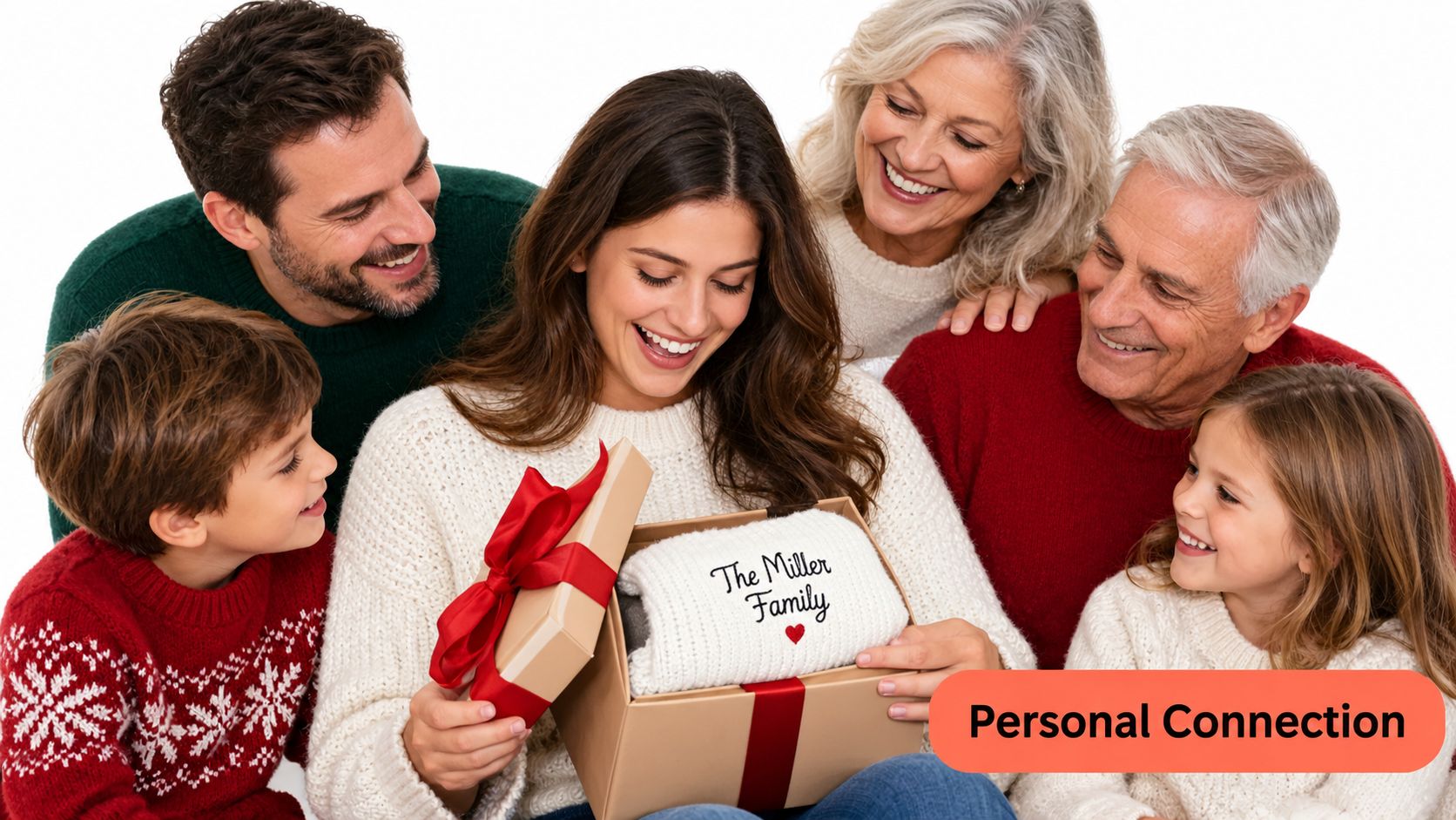 A happy multi-generational family sitting together while opening a thoughtful personalized gift box for the holidays.