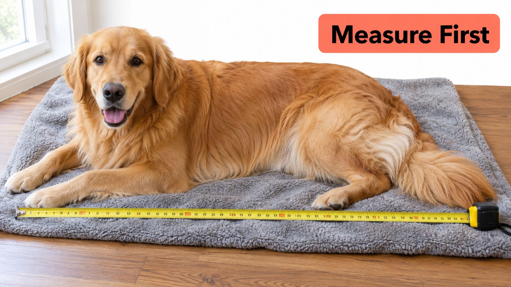 A golden retriever lying on a grey fleece blanket while being measured with a yellow tape measure.