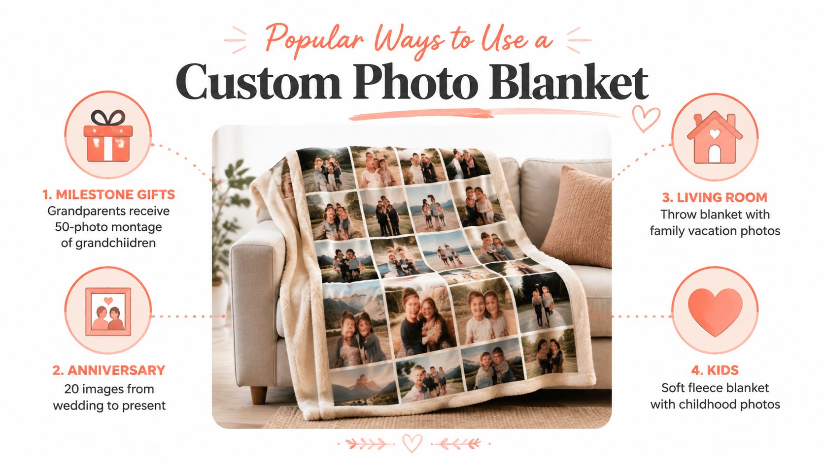 A cozy living room featuring a personalized collage photo blanket draped over a neutral-colored sofa.