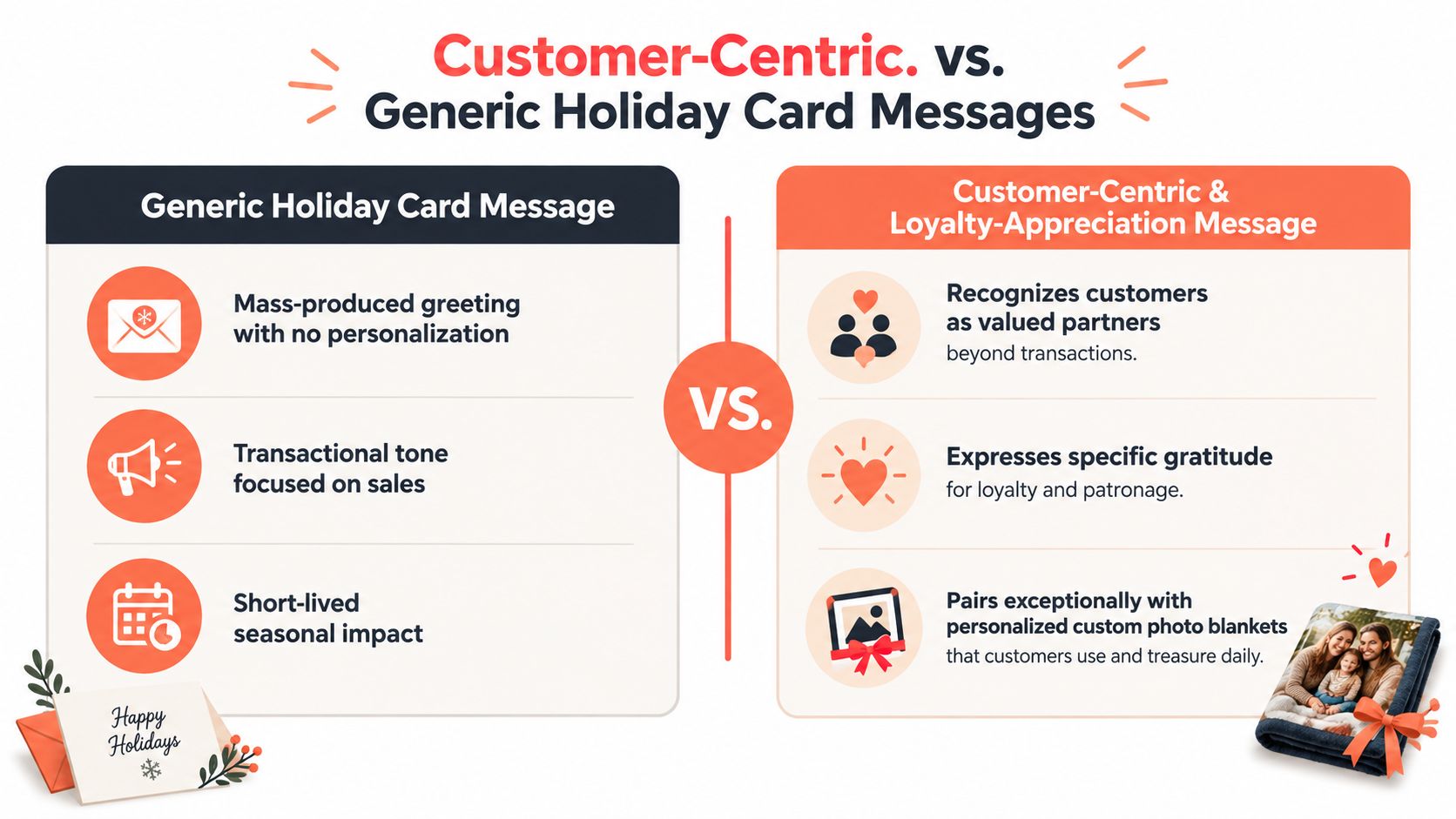 A comparison infographic between generic holiday card messages and customer-centric loyalty appreciation messages for businesses.