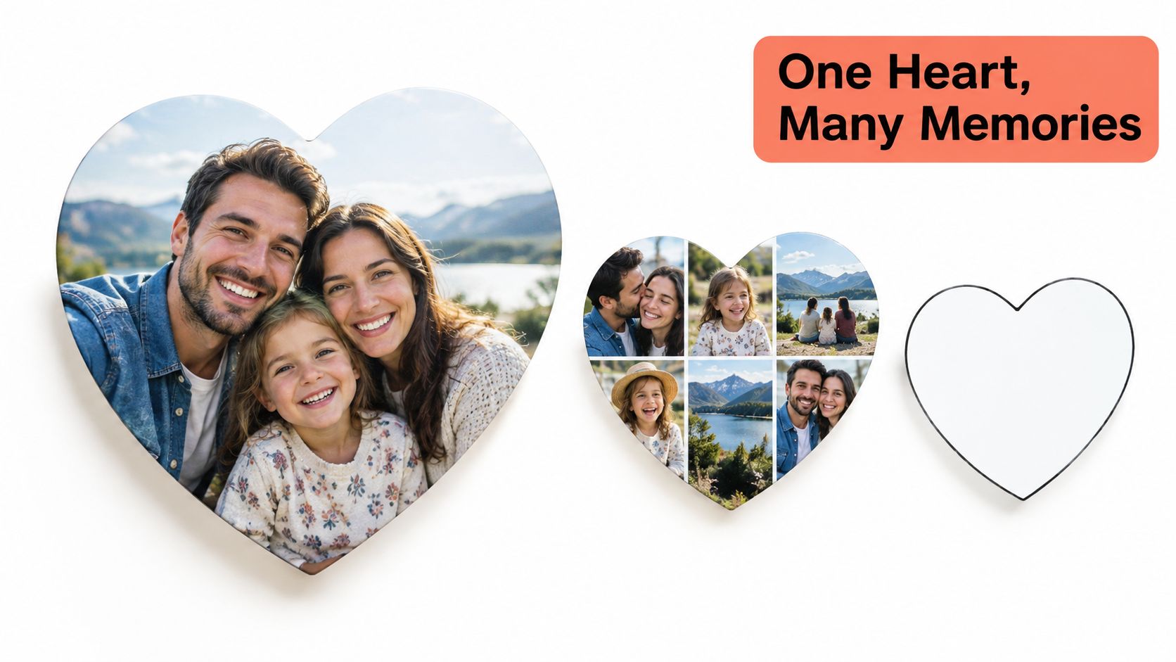 A display of heart-shaped photo collages featuring a family on a white background with decorative text.
