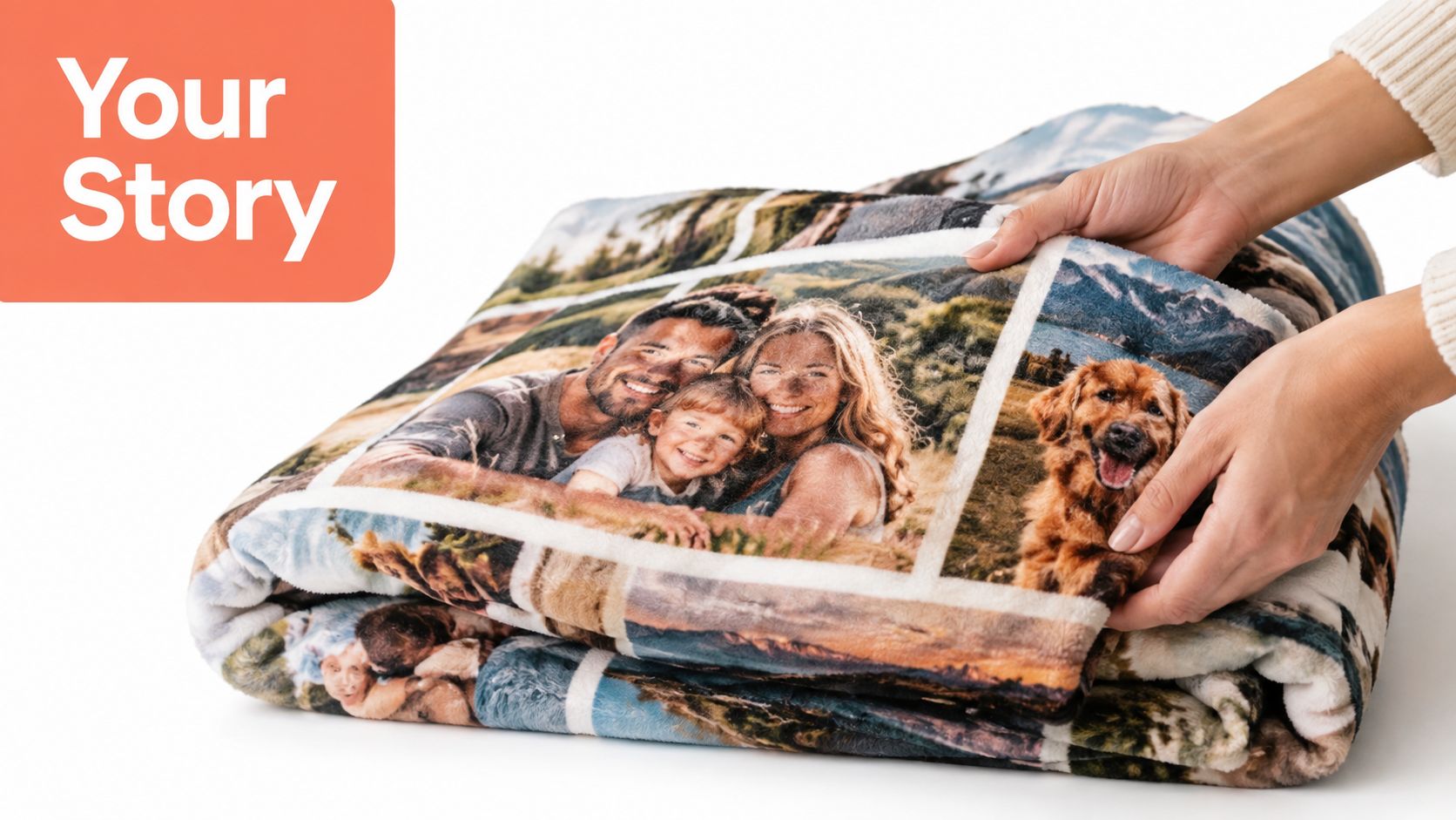 A person holding a soft custom photo blanket featuring a collage of family and pet portraits.