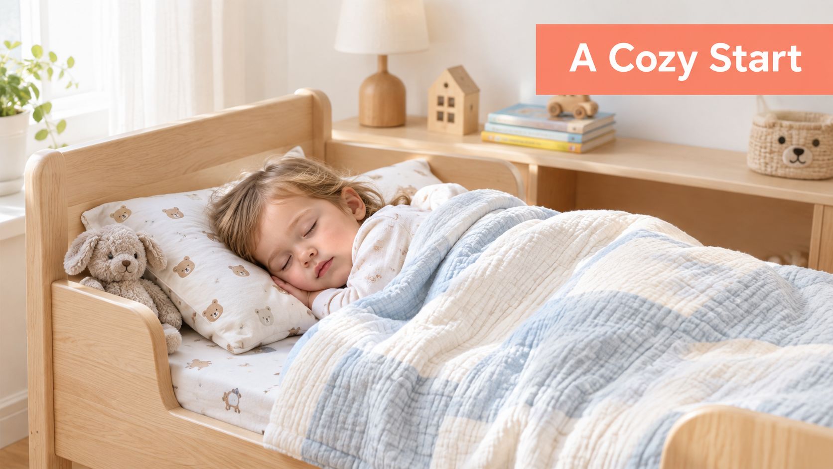 A toddler sleeping peacefully in a wooden bed covered with a soft blue and white quilt.