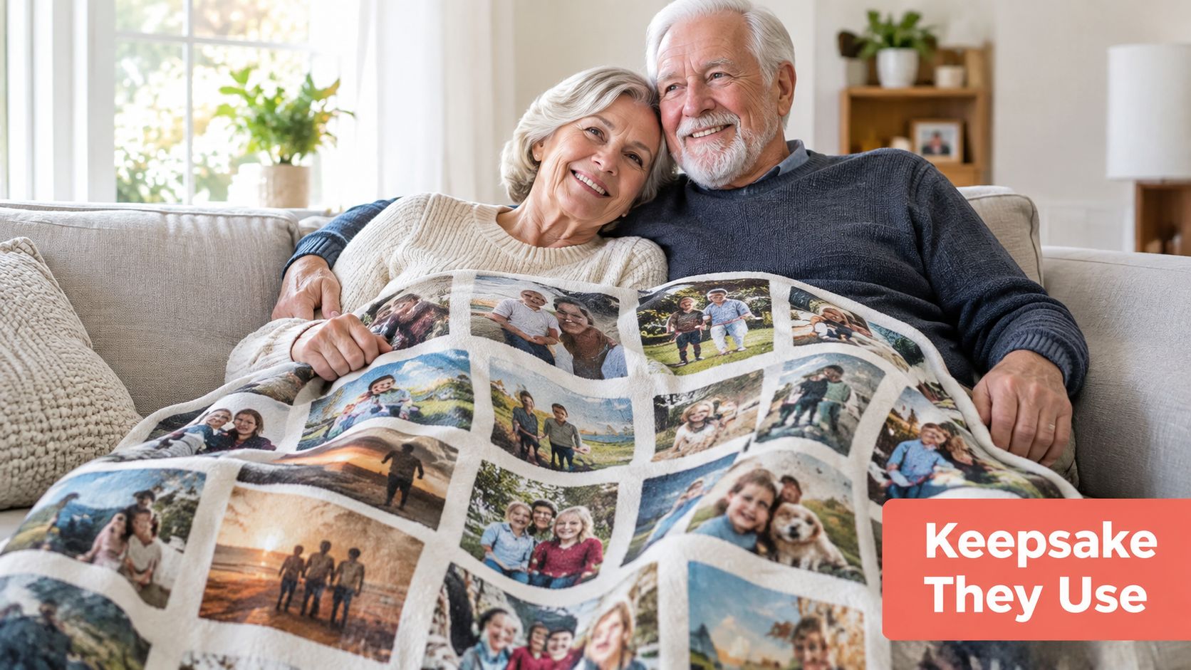 A happy senior couple sits together on a couch, wrapped in a cozy photo collage fleece blanket.
