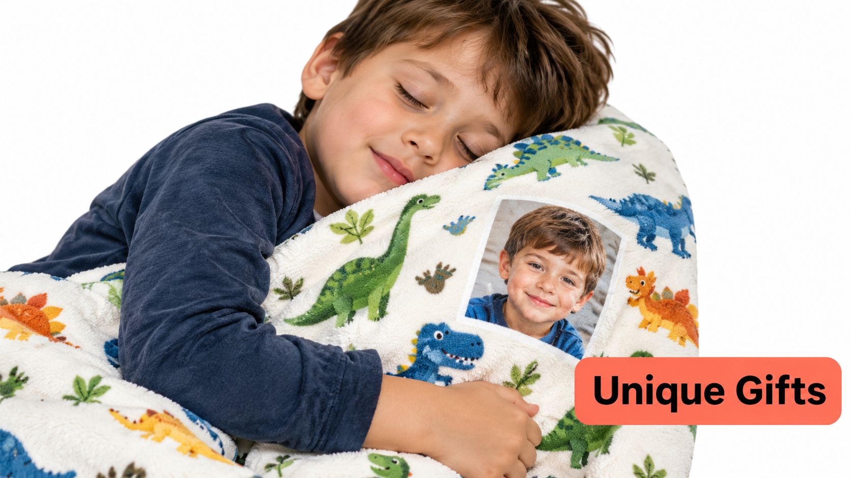 A young boy sleeping soundly while cuddling a soft blanket decorated with colorful dinosaur illustrations.