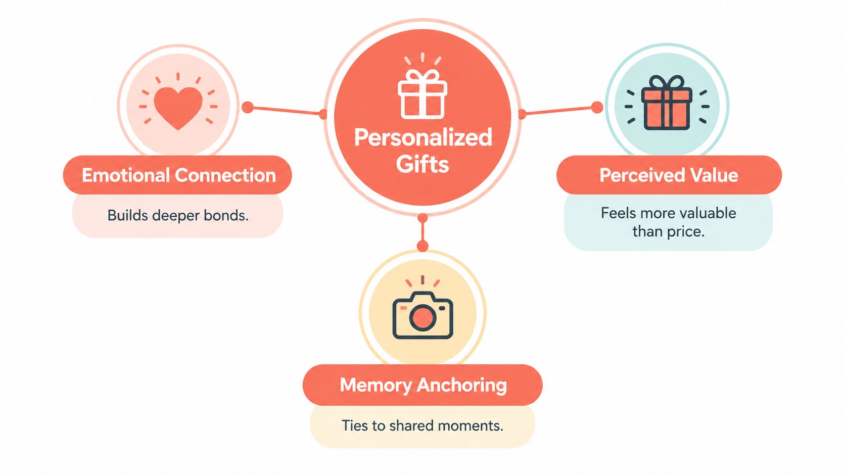 A diagram explaining three main benefits of personalized gifts: emotional connection, perceived value, and memory anchoring.