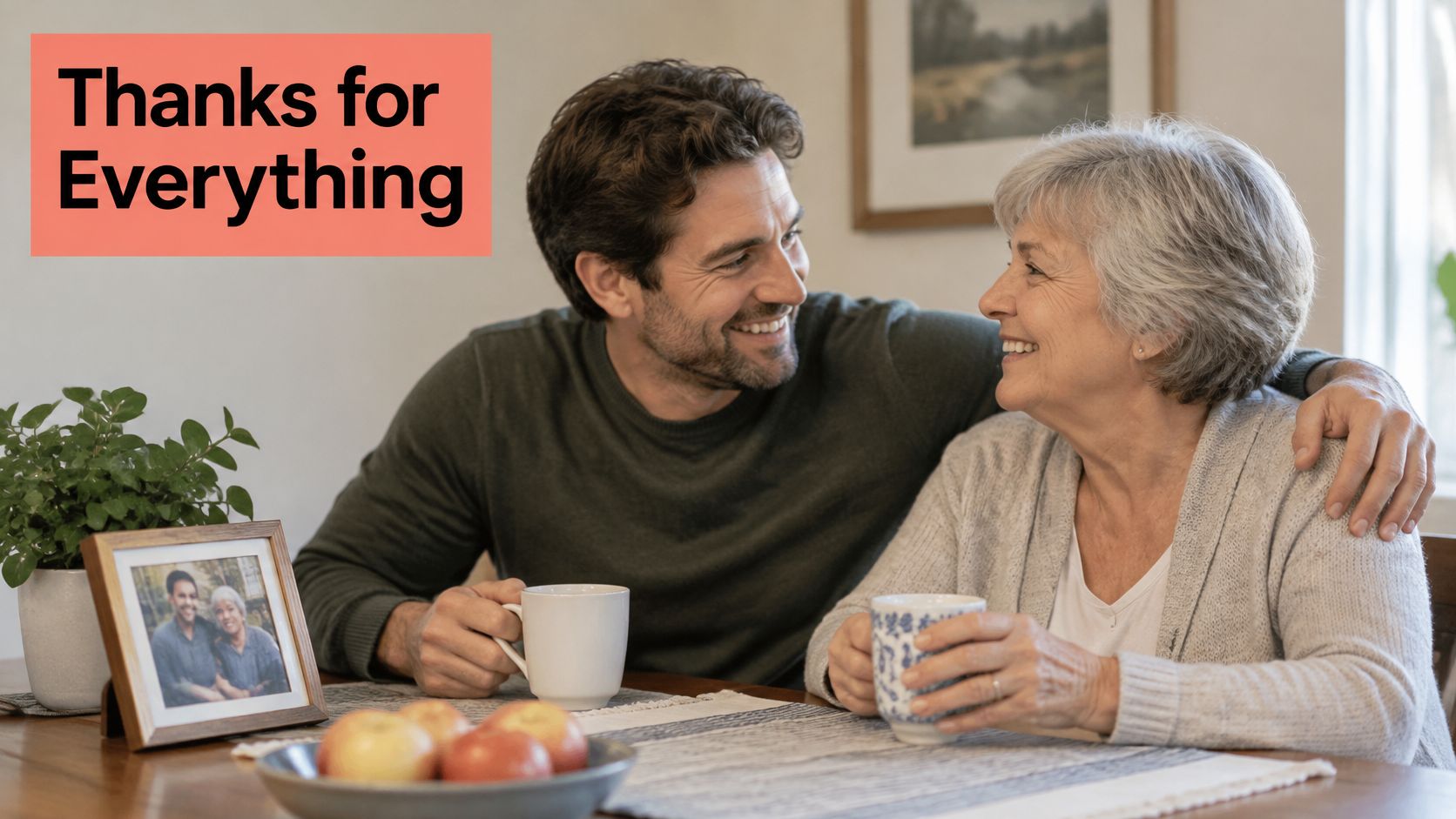 A middle-aged man lovingly embracing his smiling elderly mother at a table while sharing coffee.
