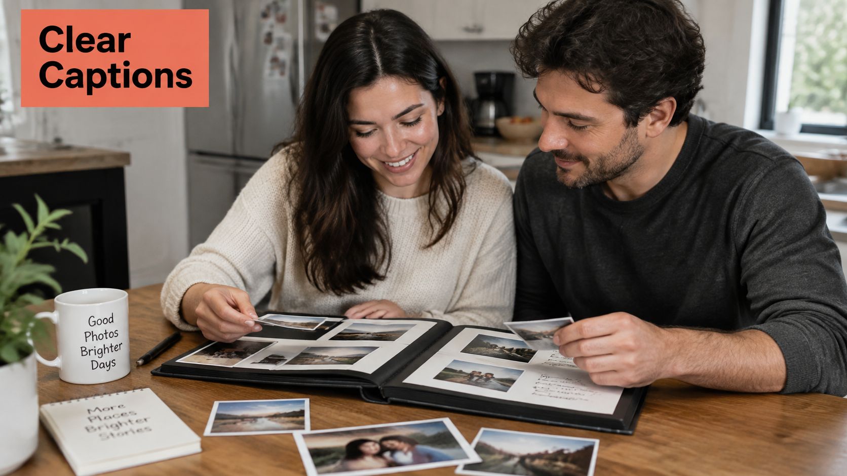 A smiling couple sits together at a wooden table reviewing a nostalgic photo book of memories.