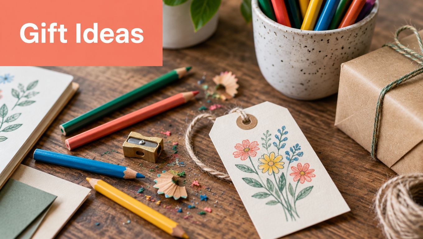 A cozy creative workspace featuring colored pencils, a pencil sharpener, gift tag, and a wrapped gift box.