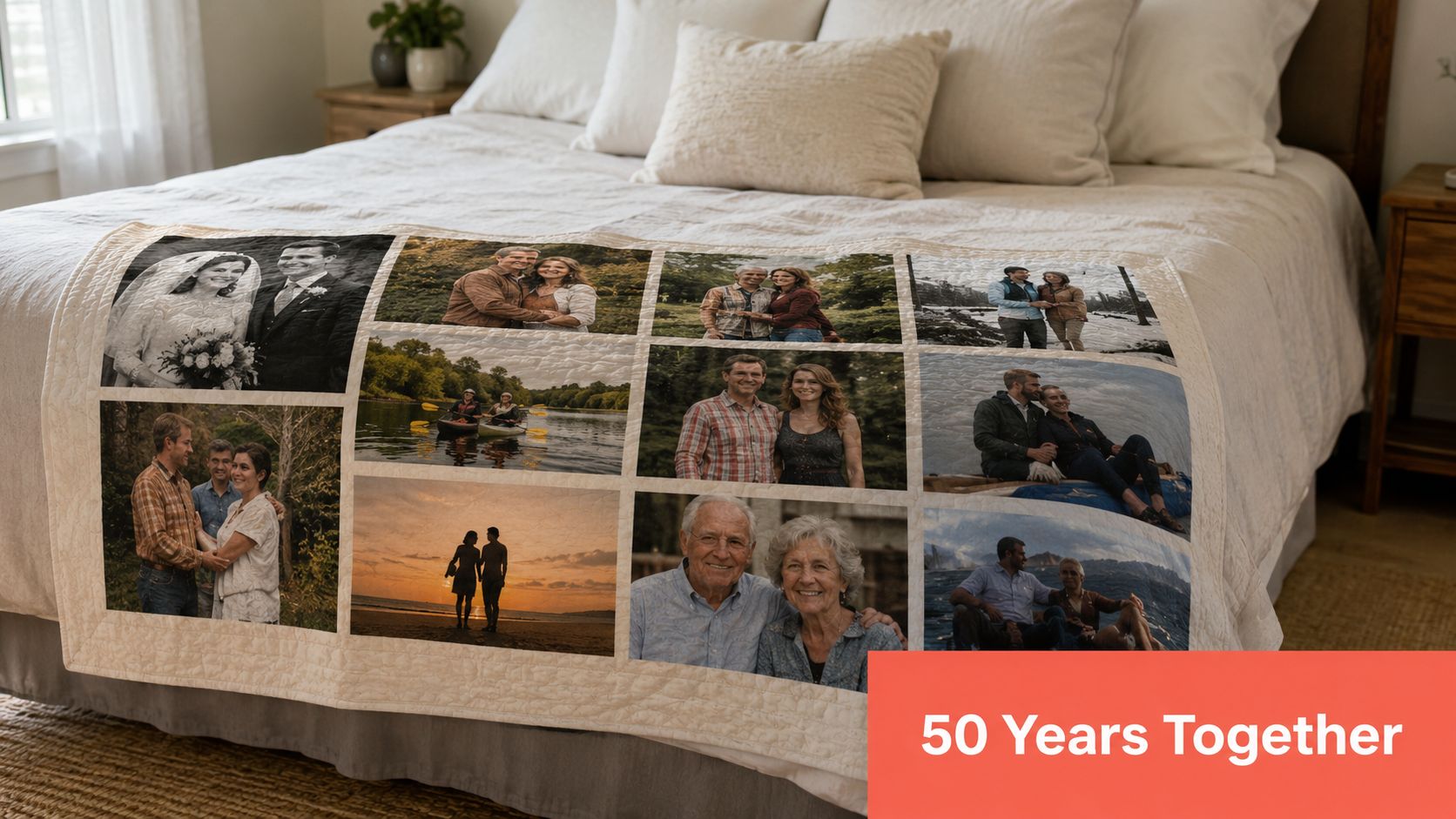 A photo quilt featuring various images of a couple through their fifty years of marriage on a bed.