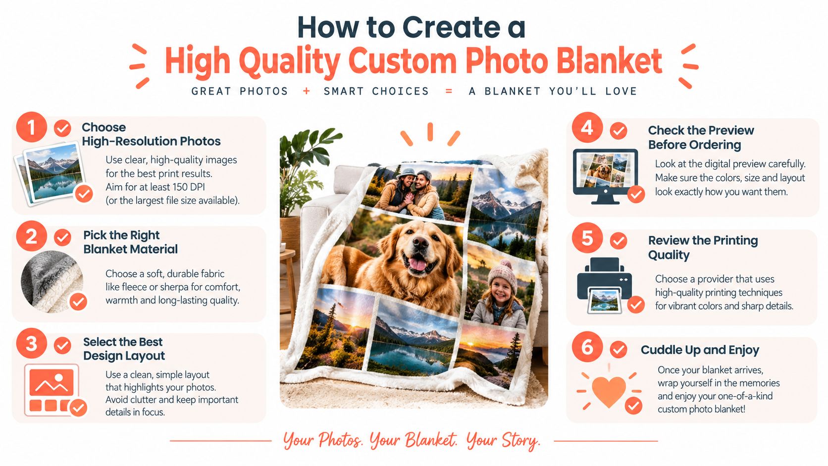 An infographic titled How to Create a High Quality Custom Photo Blanket featuring six numbered instructional steps.