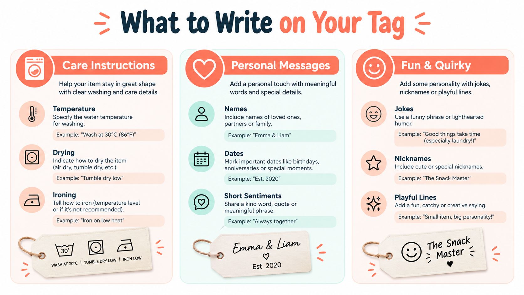 An infographic titled What to Write on Your Tag showing care instructions, personal messages, and fun quotes.