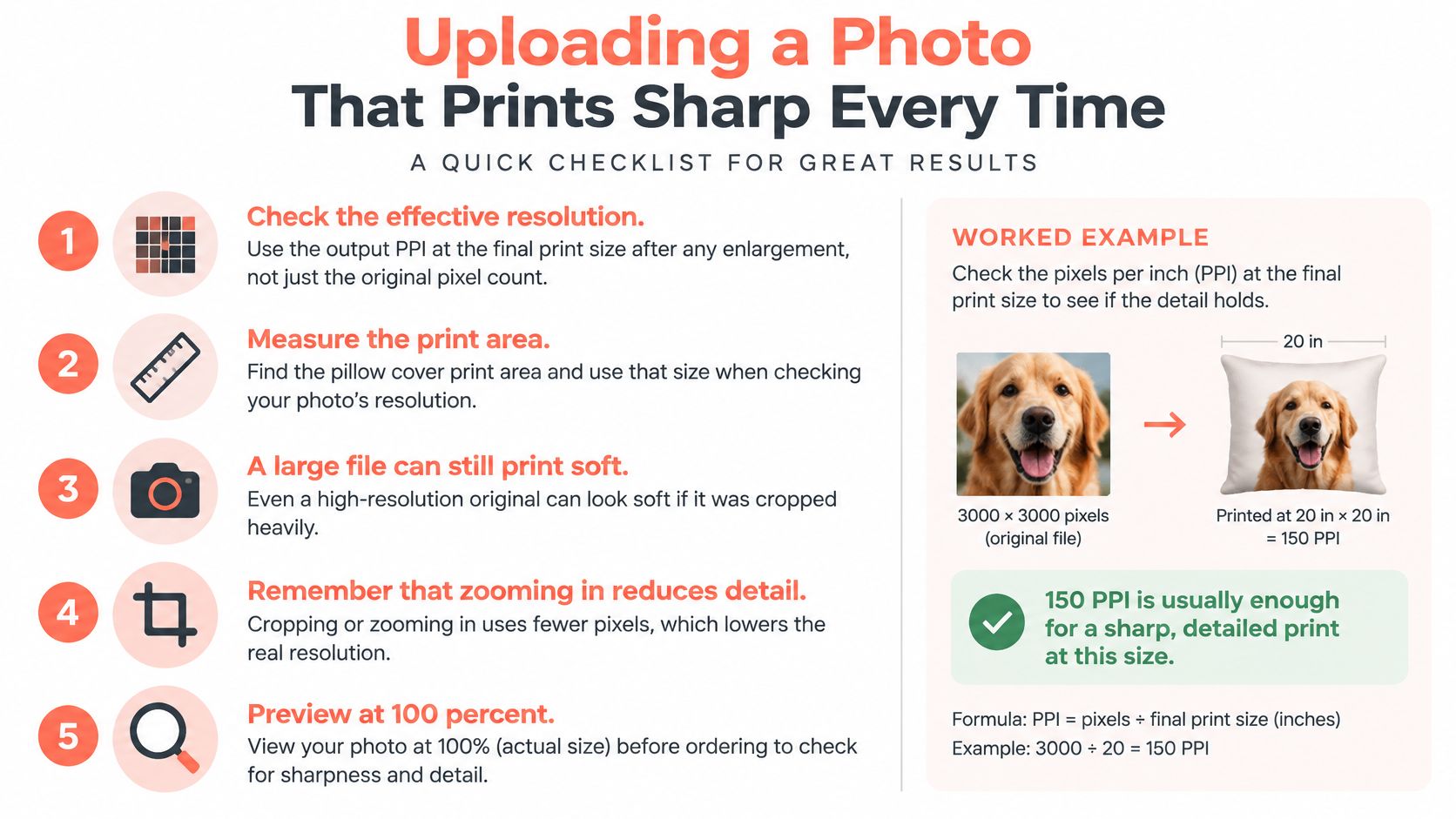 An infographic checklist showing five tips for ensuring high-quality photo prints on custom pillow covers.