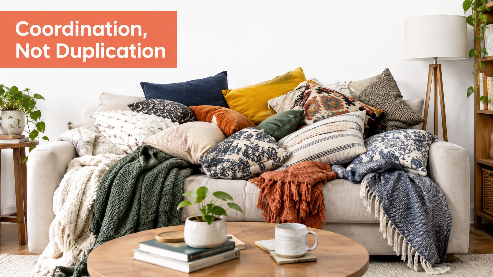 A cozy couch styled with various throw pillows and blankets in coordinating textures and warm colors.