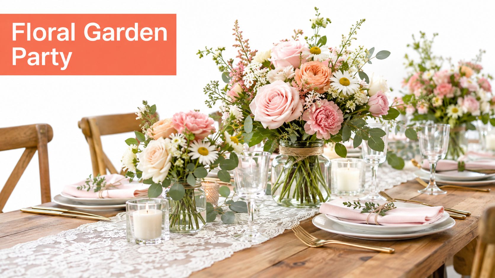 A rustic table setting for a floral garden party with pink flowers, lace runner, and elegant tableware.