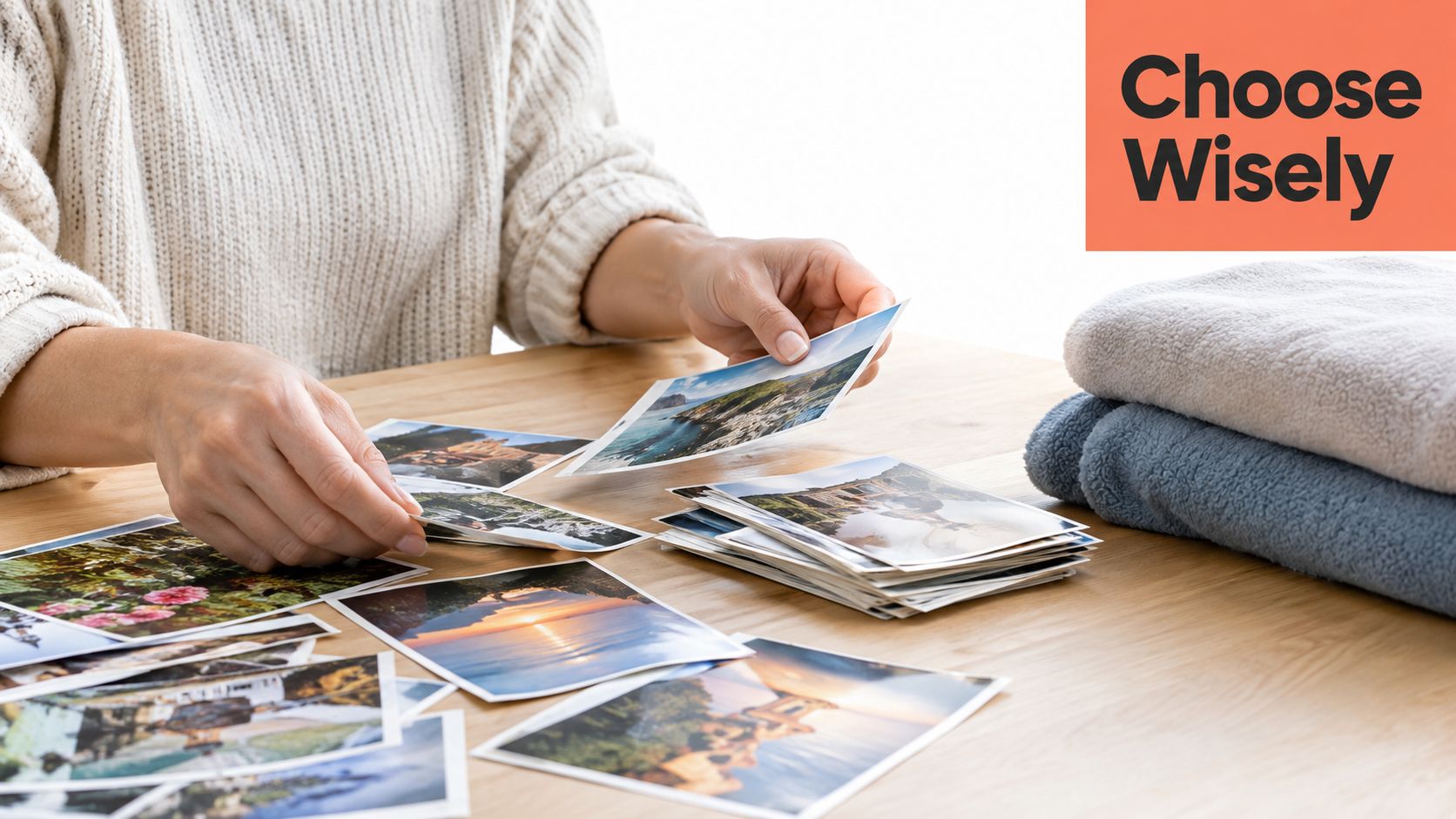 A person organizing several physical photographic prints on a wooden table, next to folded blankets.