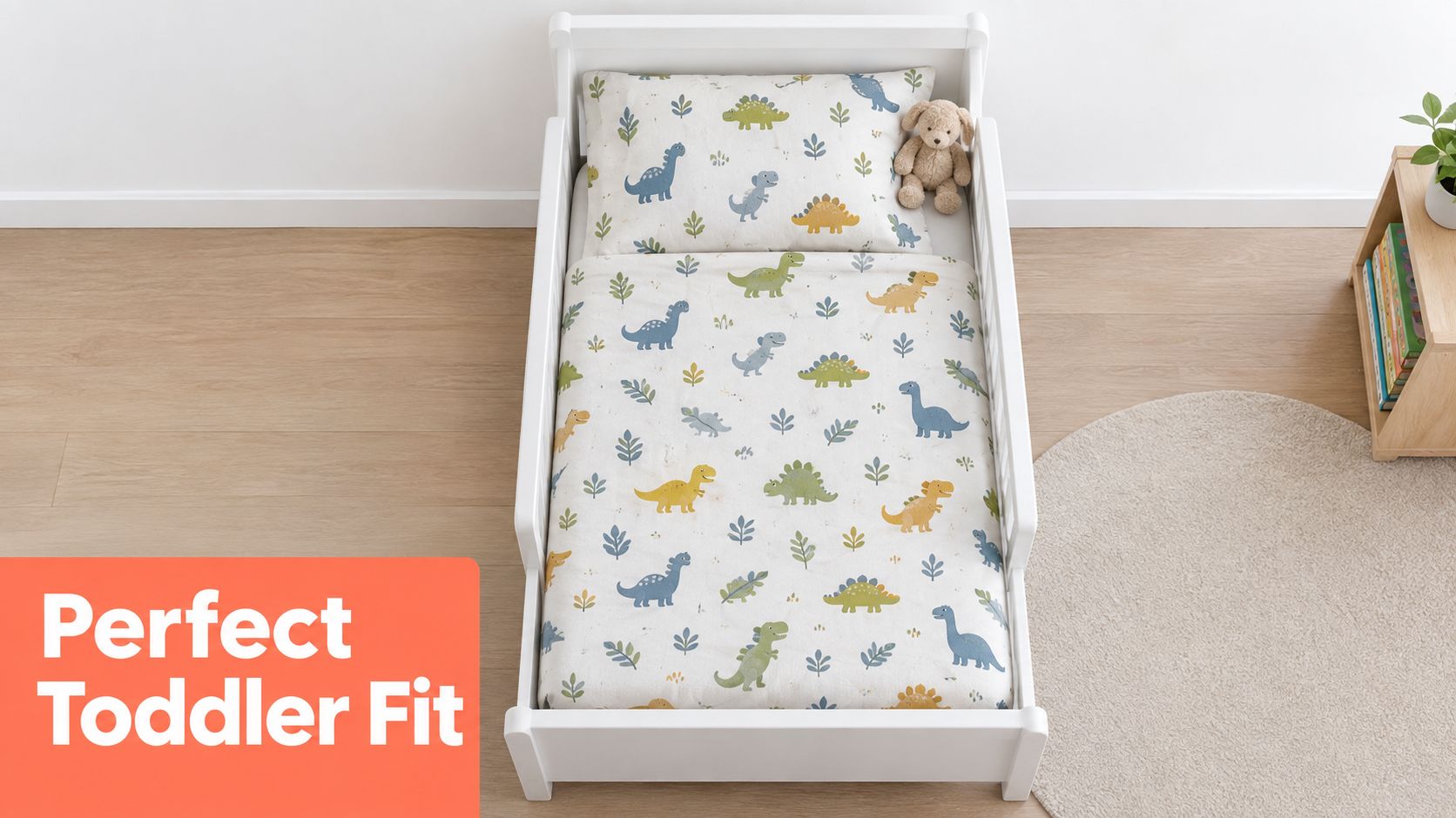 A cozy white toddler bed featuring an adorable dinosaur-themed blanket and matching pillow with a stuffed animal.