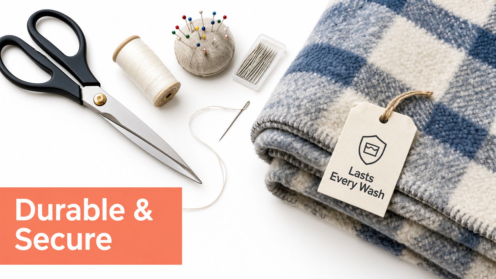 Sewing tools including scissors, thread, and needles arranged next to a folded checkered blanket with a tag.