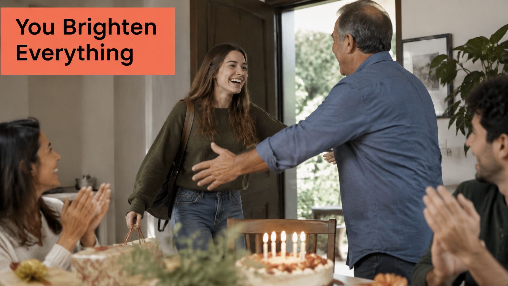 A young woman arrives home to a surprise birthday celebration with her family and a cake.