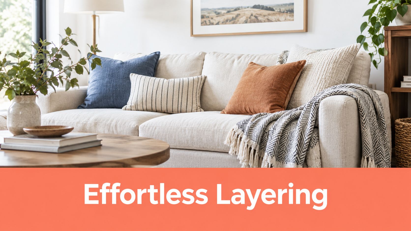 A neutral-toned sofa decorated with various textured pillows and a patterned throw blanket in a cozy living room.