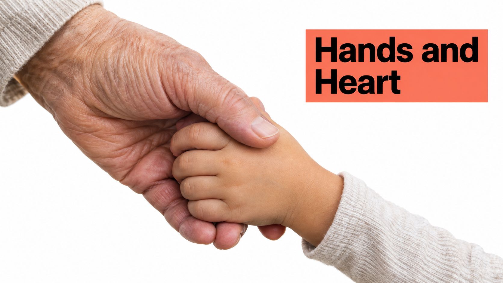 An elderly person holding the small hand of a child, symbolizing care, love, and generational connection.