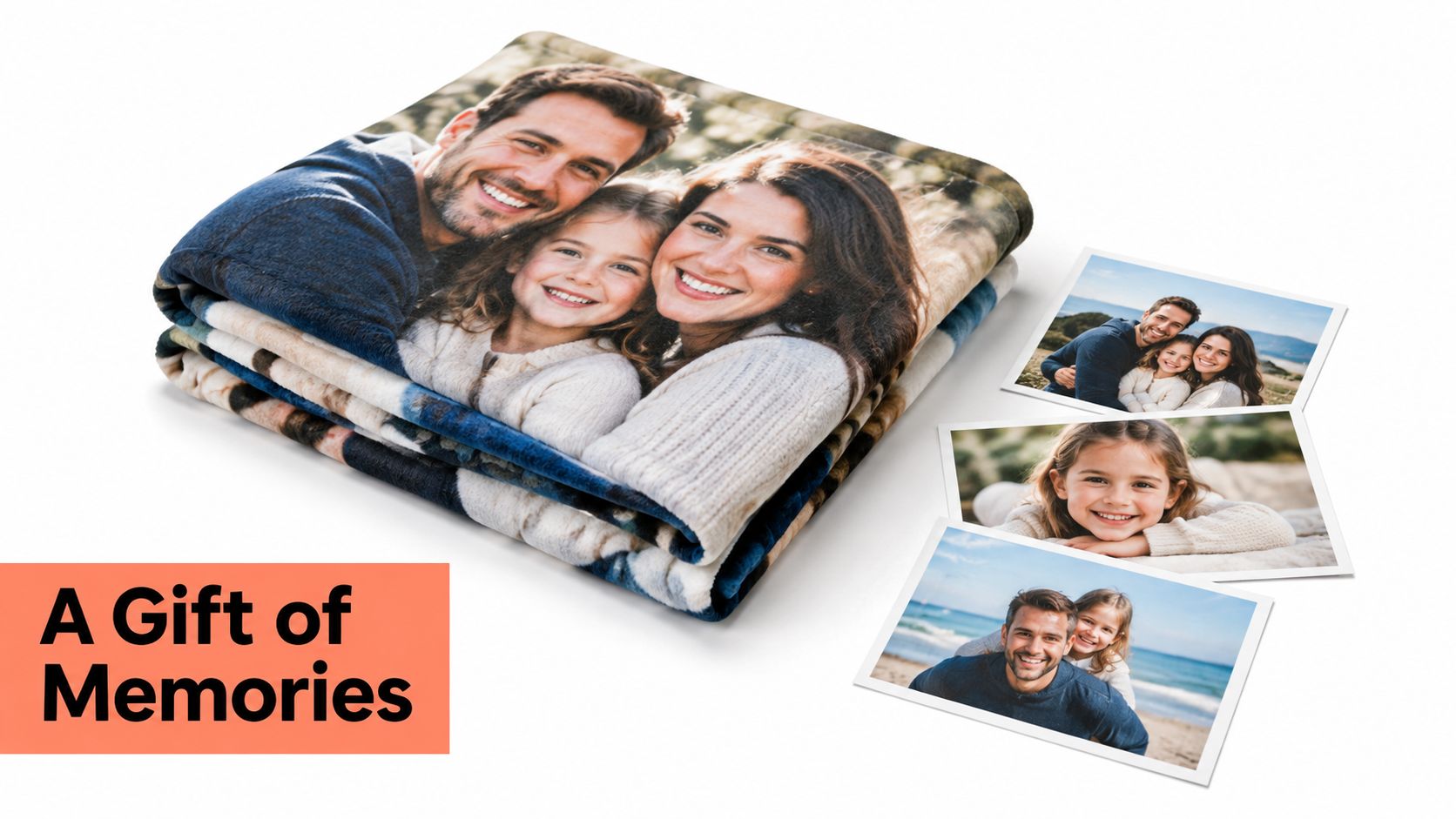 A custom photo blanket featuring a family portrait next to three printed photographs on a white surface.
