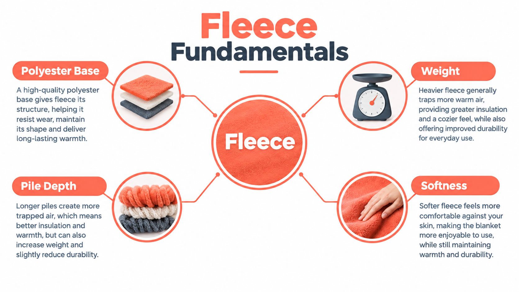 A diagram illustrating the key characteristics of fleece including polyester base, weight, pile depth, and softness.