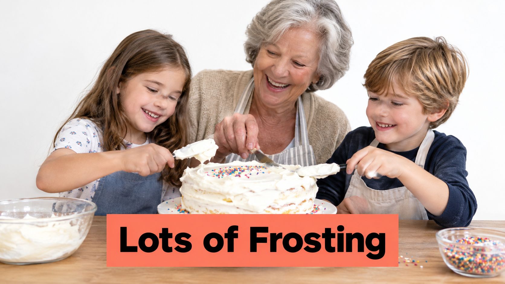 An elderly woman and two children smiling while happily spreading white frosting on a homemade cake.